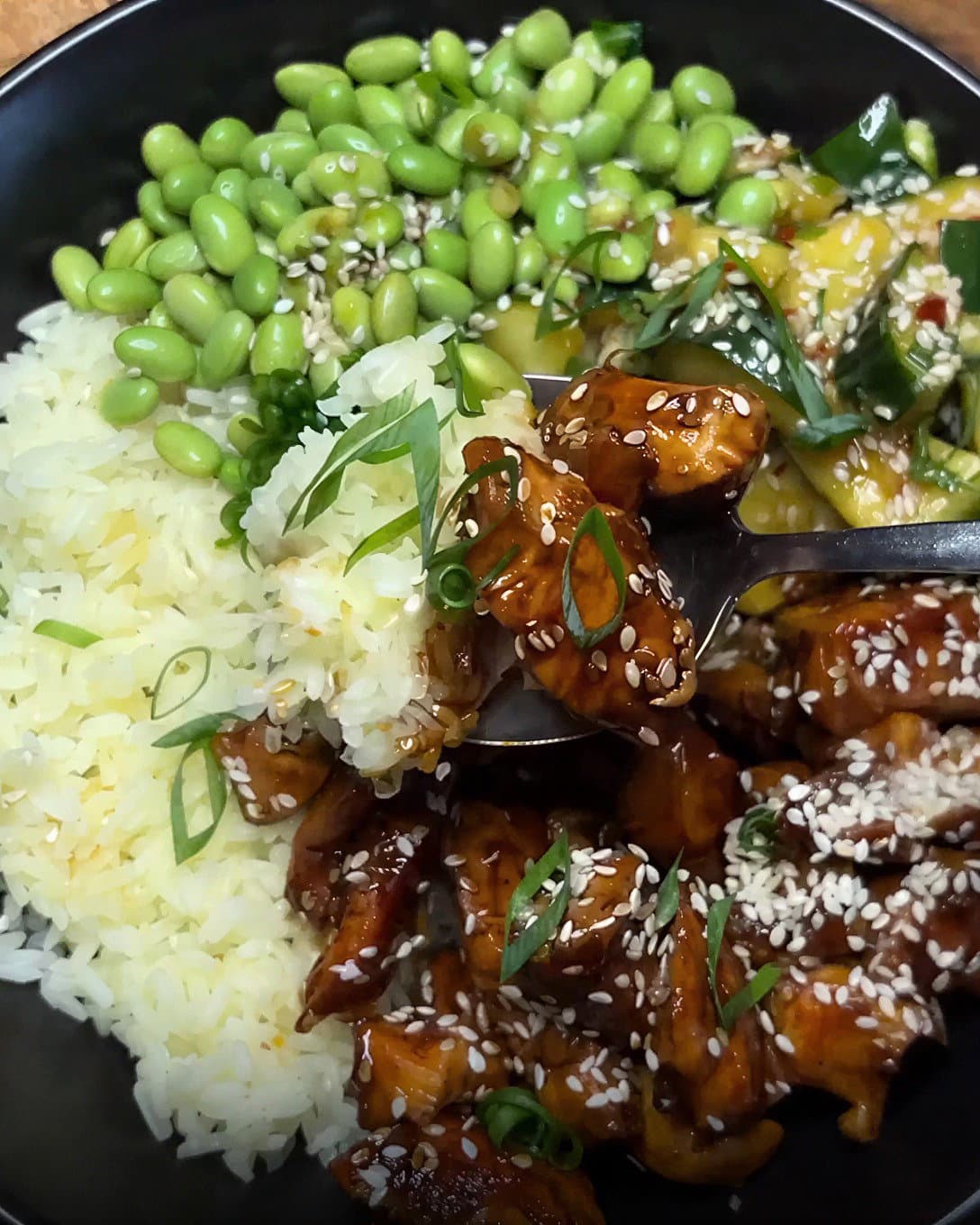 Teriyaki Chicken with Smashed Cucumber Salad and Edamame Beans recipe