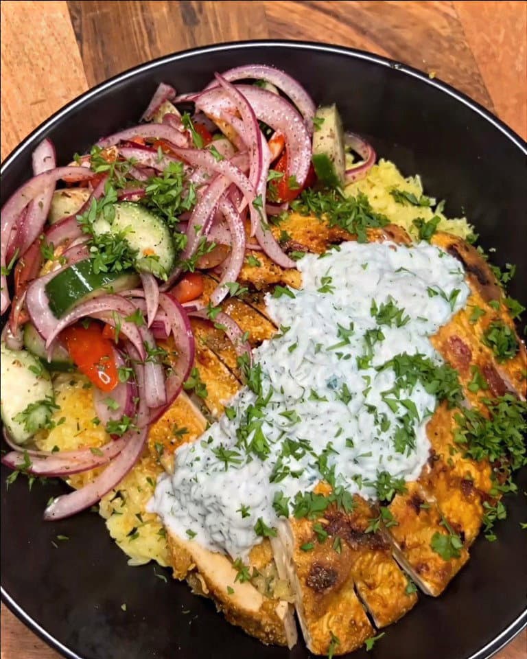 Chicken Shawarma Rice Bowl with Sumac Onion Salad & Garlic Yoghurt Sauce recipe