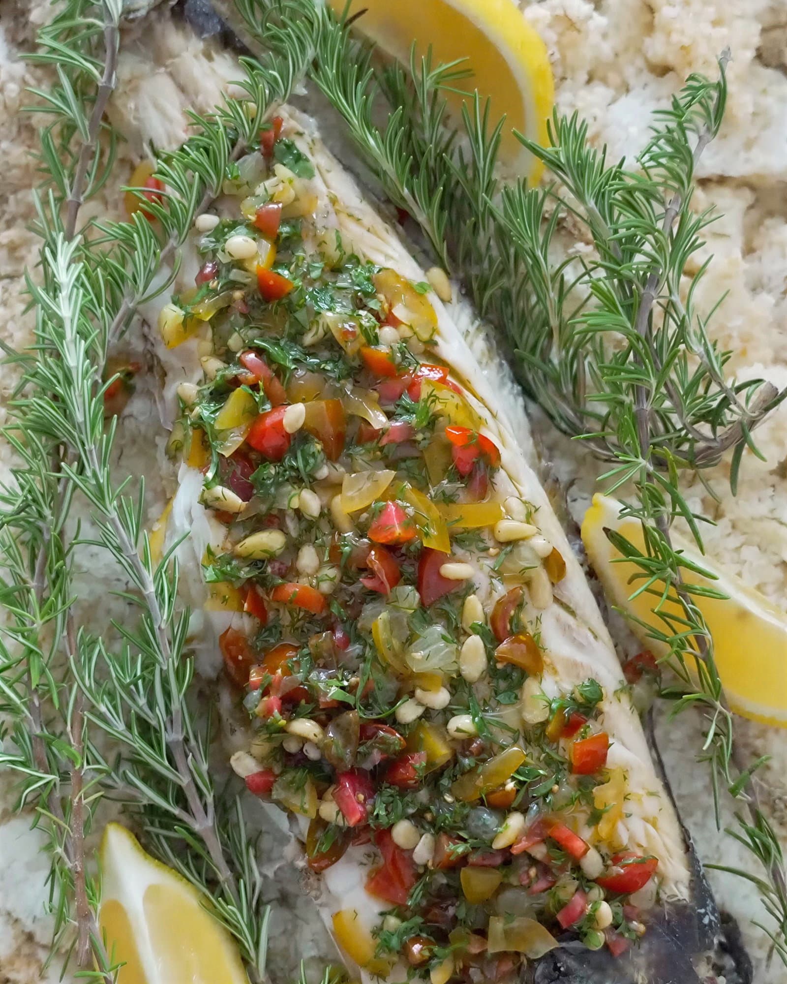 Salt-Baked Sea Bass with Mediterranean Salsa recipe