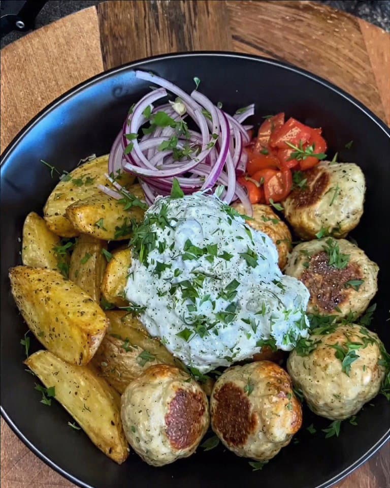 Mediterranean Chicken Meatballs with Homemade Tzatziki & Air-Fried Potato Wedges recipe