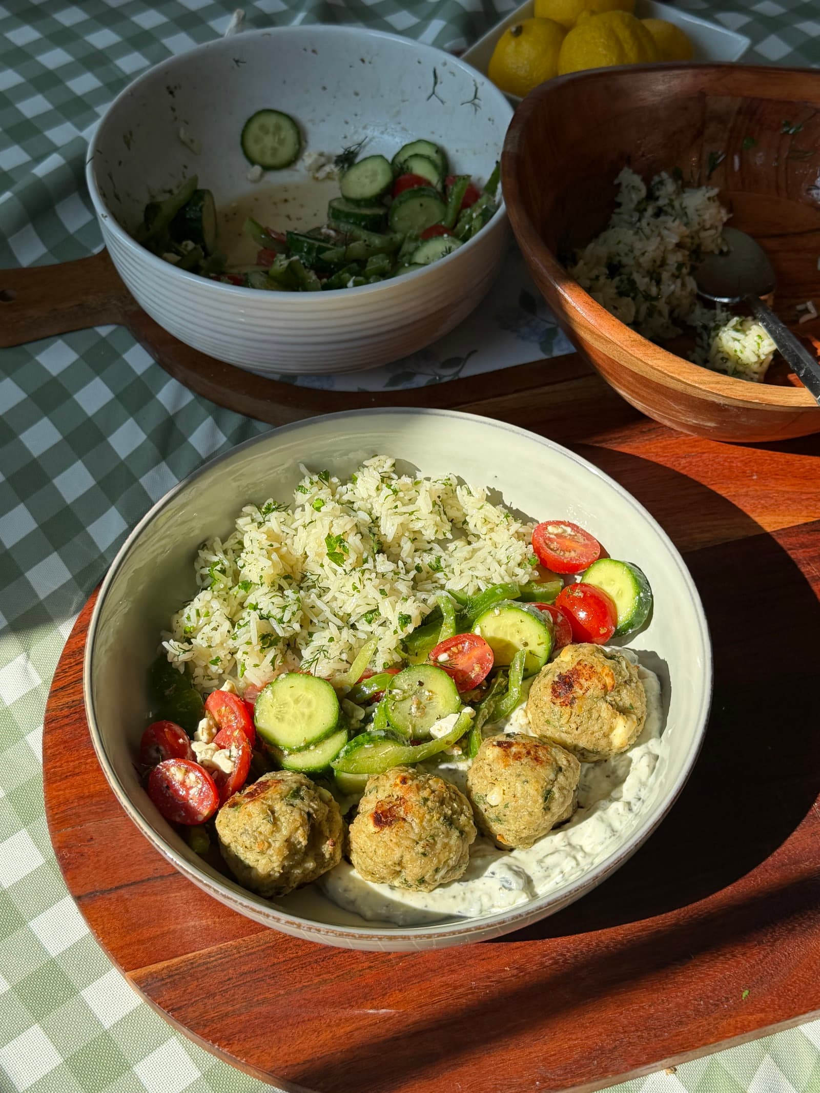 Greek Turkey Meatballs with Cucumber Feta Tomato Salad and Greek Rice recipe