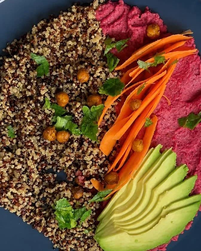 Quinoa Protein Bowl with Beetroot Hummus and Crispy Chickpeas recipe