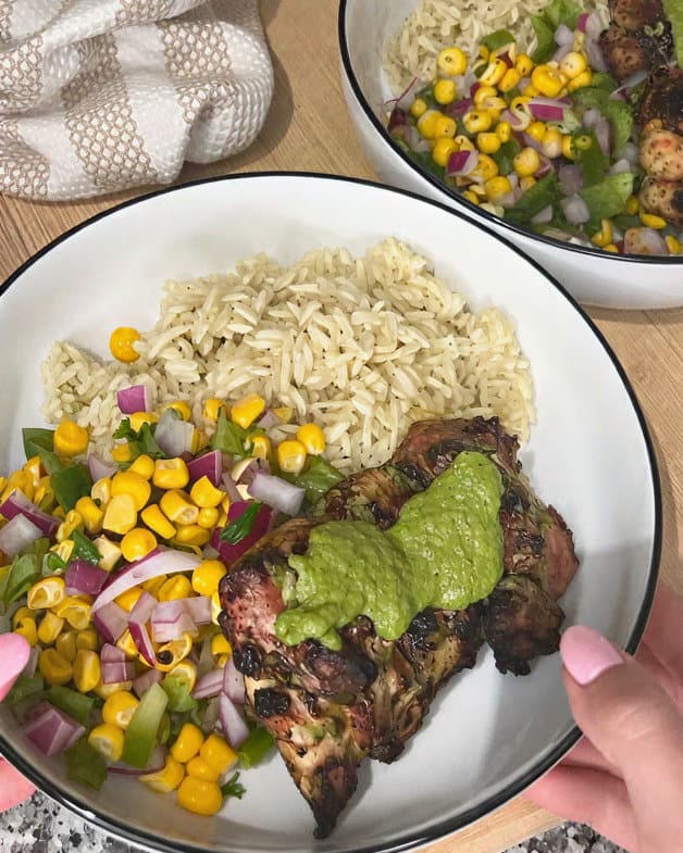 Grilled Chimichurri Chicken Thighs with Corn Salsa & Cilantro Lime Rice recipe