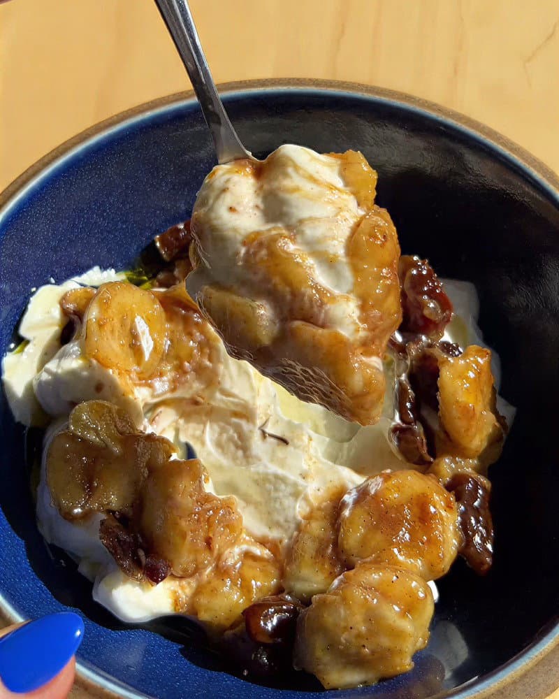 Caramelised Date, Banana, and Olive Oil Yoghurt Bowl recipe
