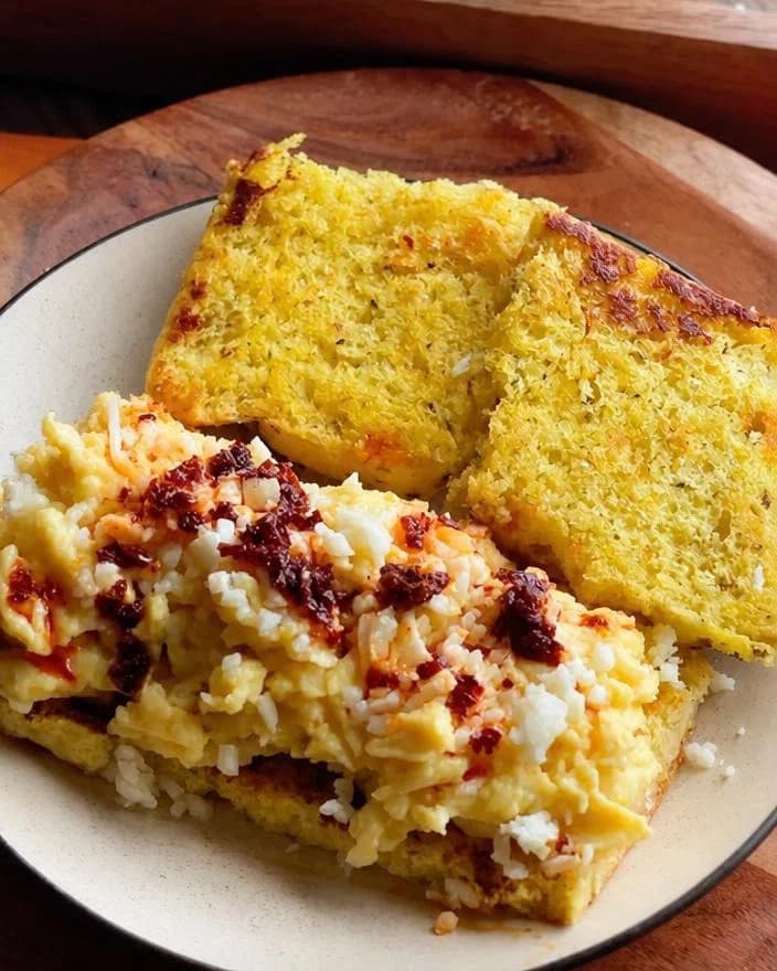Masala Pav with Creamy Scrambled Eggs, Cheese, and Chili Oil recipe