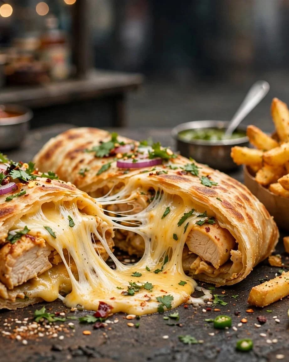 Cheesy Chicken Paratha Roll With Fries recipe