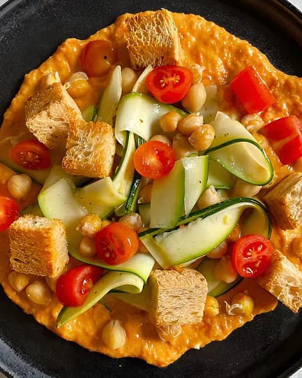 20-Minute Red Pepper Sauce Bowl with Marinated Zucchini, Spiced Chickpeas and Croutons recipe