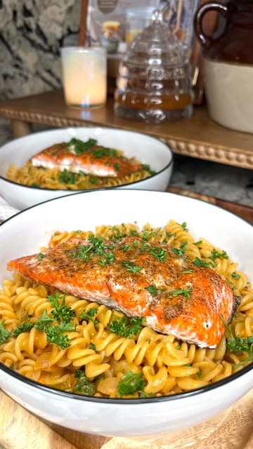 Baked Cajun Salmon and Creamy Pasta recipe