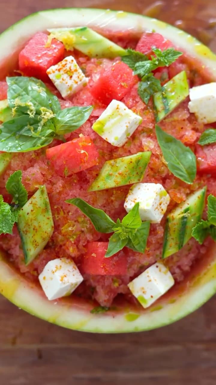 Watermelon Granita with Greek-Style Salad recipe