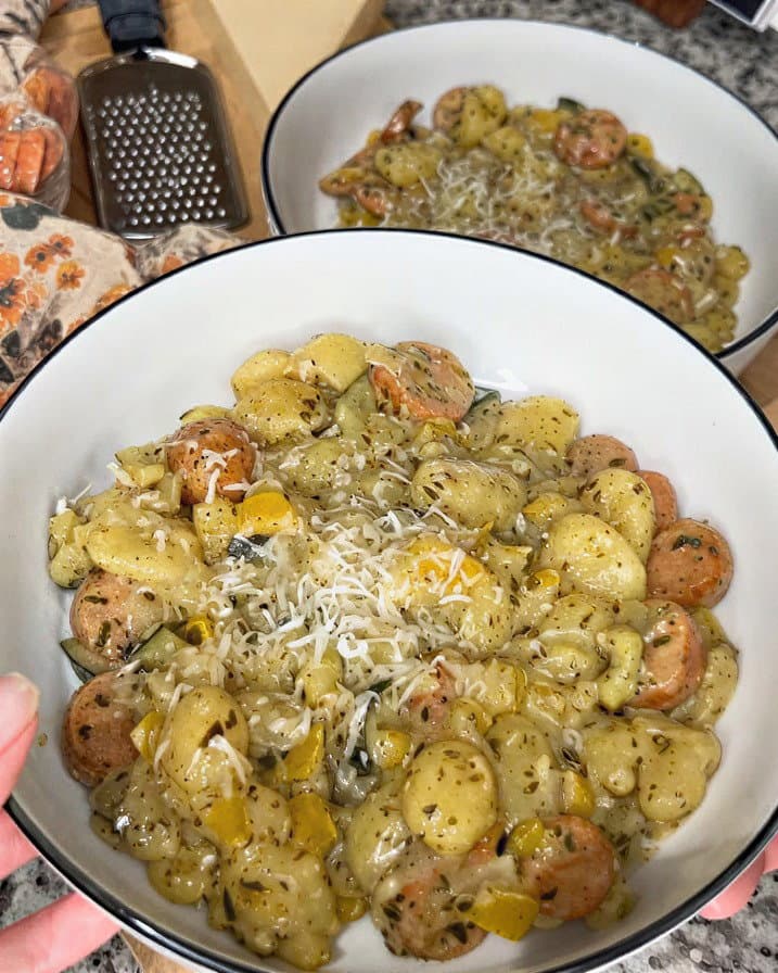 One-Pan Creamy Pesto Gnocchi with Chicken Sausage and Veggies recipe