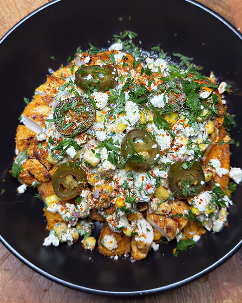 Caramelised Sweet Potato with Mexican Street Corn, Chipotle Chicken & Pickled Jalapeños recipe