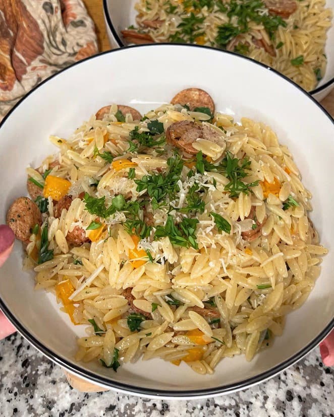 Creamy One-Pan Chicken Sausage & Orzo recipe