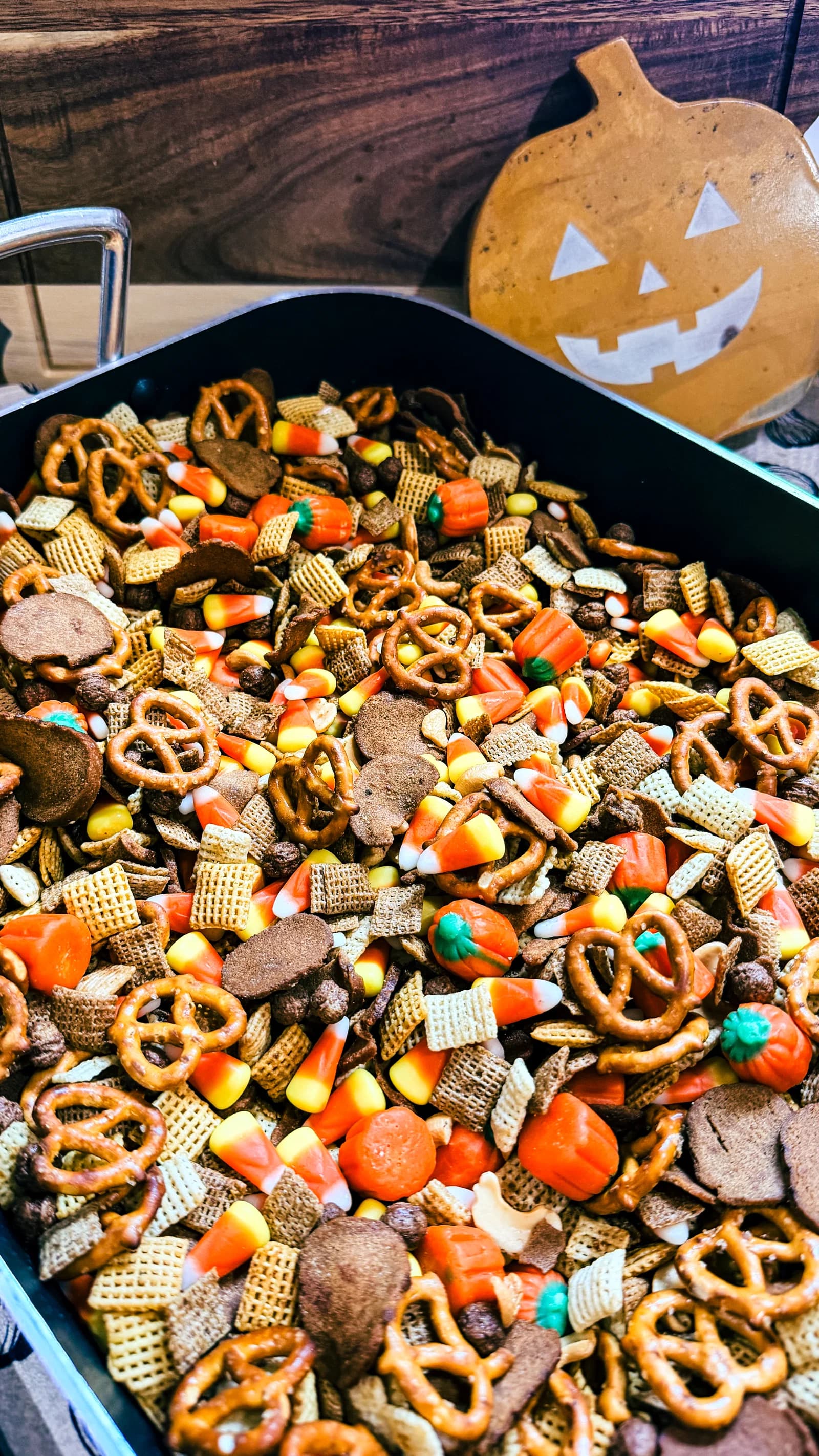 Halloween Chex Mix with Candy Corn and Pumpkins recipe