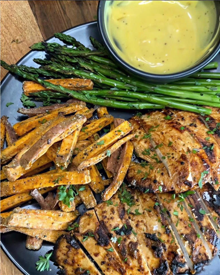 Marinated BBQ Chicken with Sweet Potato Fries, Hot Honey Mustard Sauce & Baby Asparagus recipe