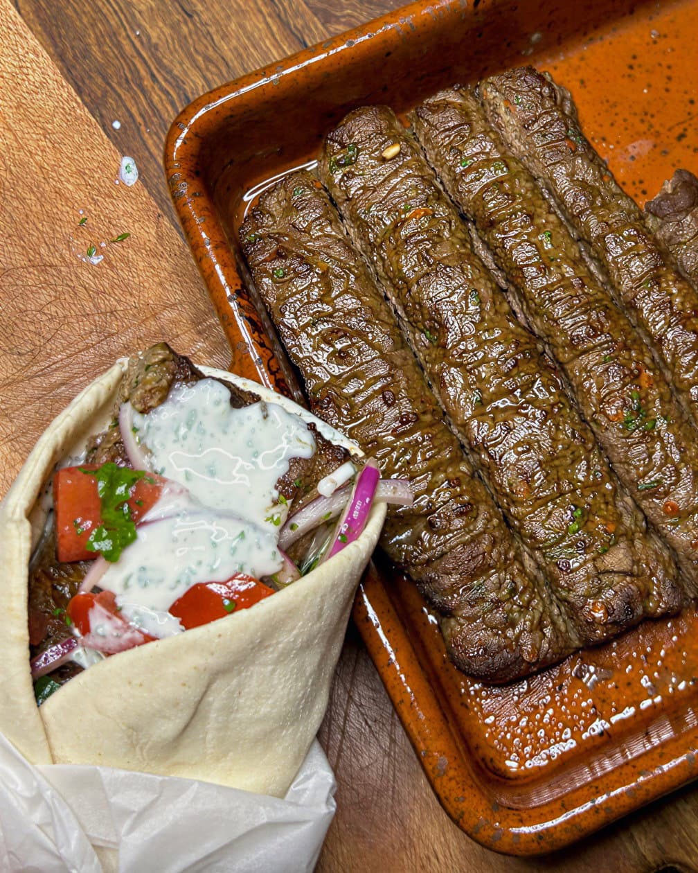 Sheet Pan Kebabs with Creamy Garlic Yoghurt & Fresh Sumac Onion Salad recipe