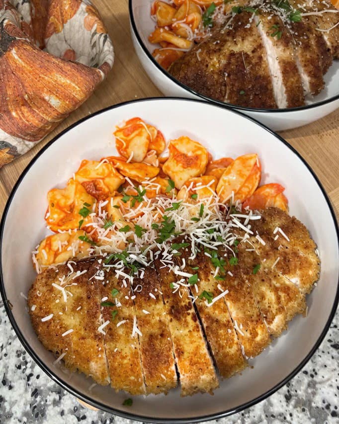 Cheese Tortellini in Vodka Sauce with Chicken Cutlets recipe