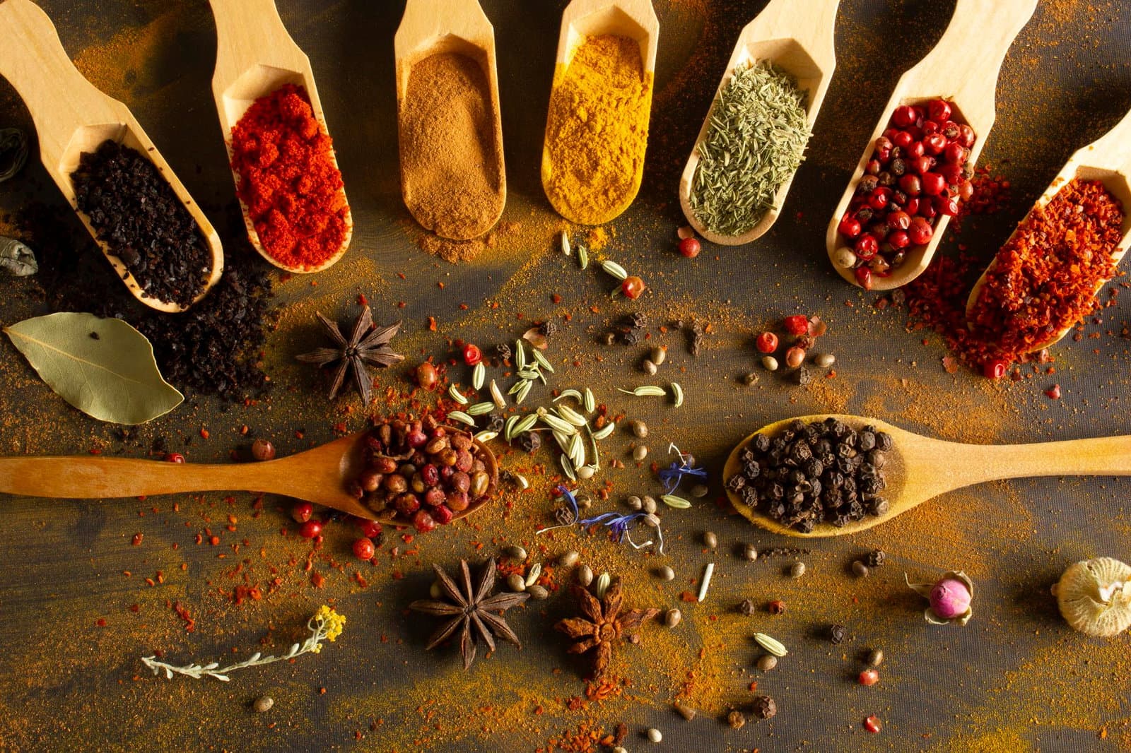 Colorful background from various spices in spoon