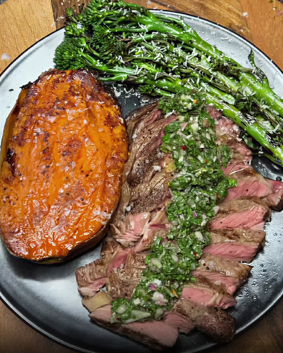 Caramelised Baked Sweet Potato, Steak with Chimichurri & Charred Broccolini recipe