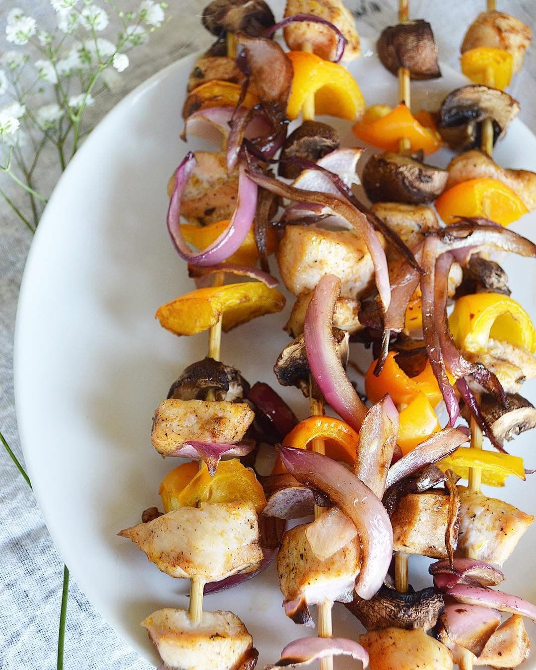 Chicken Mushroom Pepper Kabobs with Caramelized Onions recipe