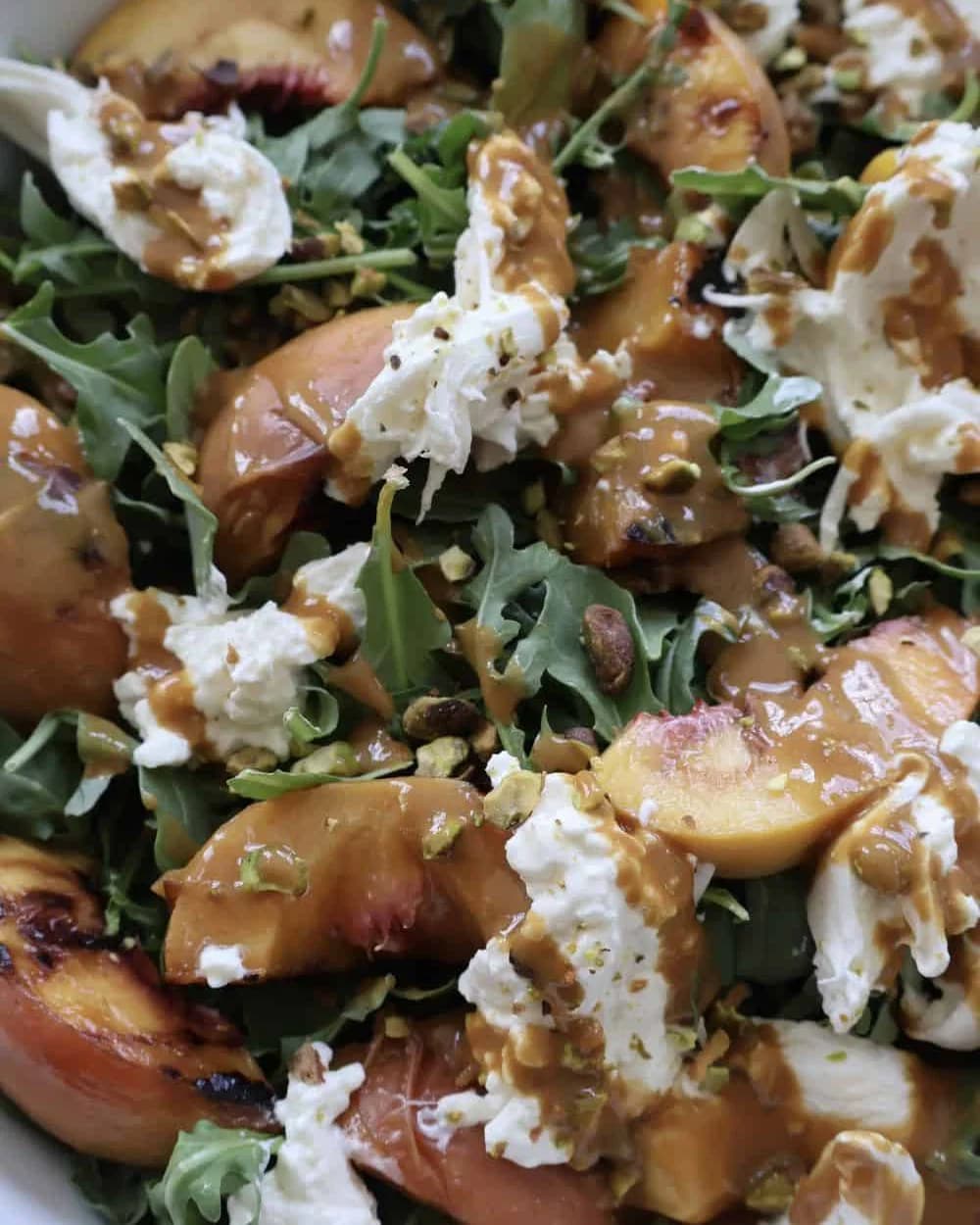 Peach Burrata Salad with Grilled Peaches & Pistachios recipe