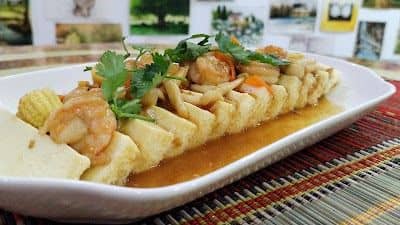 Egg Bean Curd with Braised Mushrooms and Shrimps recipe