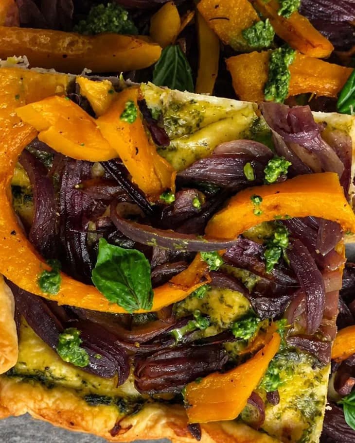 Puff Pastry Tart with Caramelised Onions, Baked Pumpkin and Pesto recipe