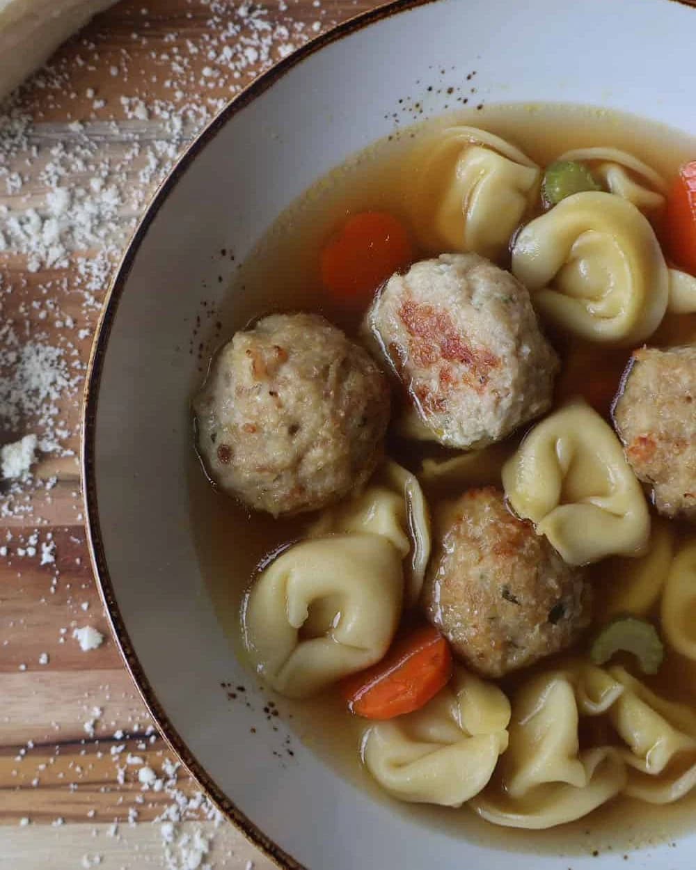 Soup with Caramelized Pear and Shallot Meatballs over Tortellini recipe