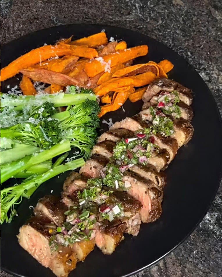 Porterhouse Steak with Chimichurri, Sweet Potato Fries and Broccolini recipe