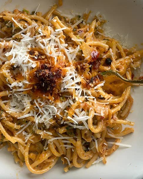 Caramelized Onion Pasta with Chilli Oil Crisp recipe