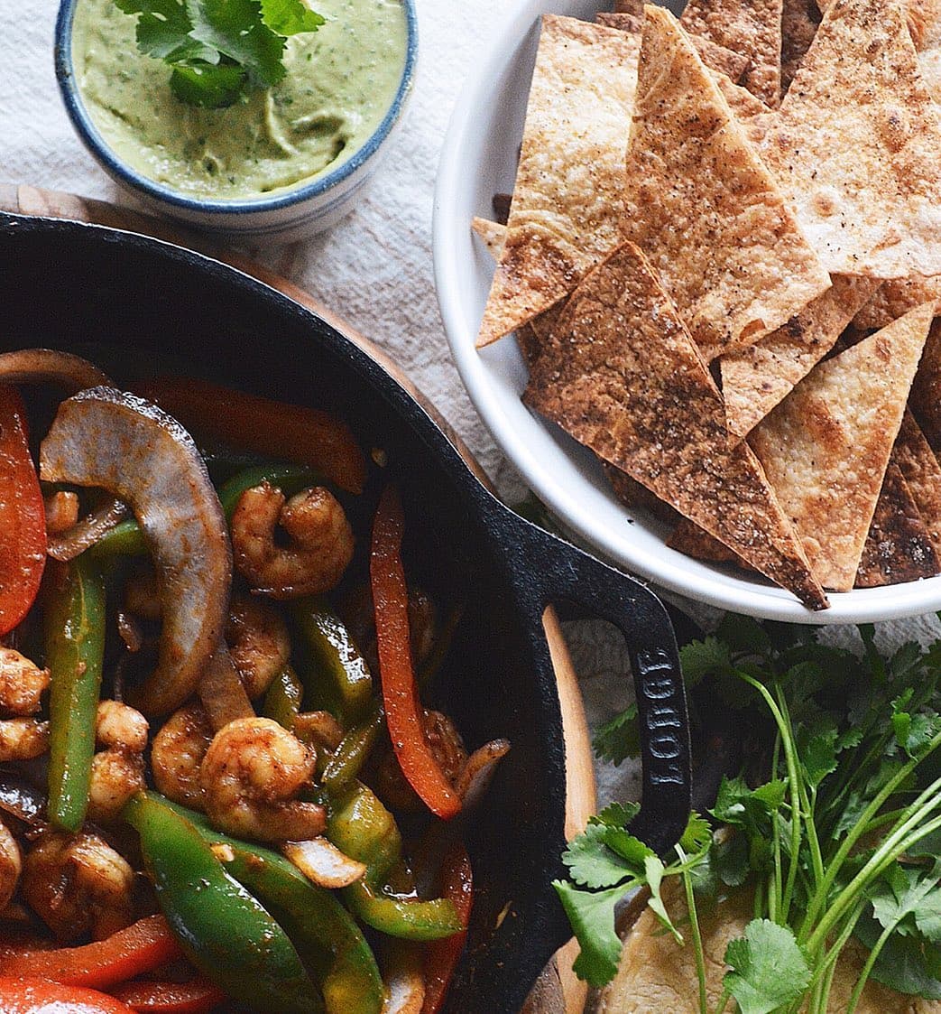 Fresh Shrimp Fajitas with Homemade Avocado Cream Sauce and Tortilla Chips recipe