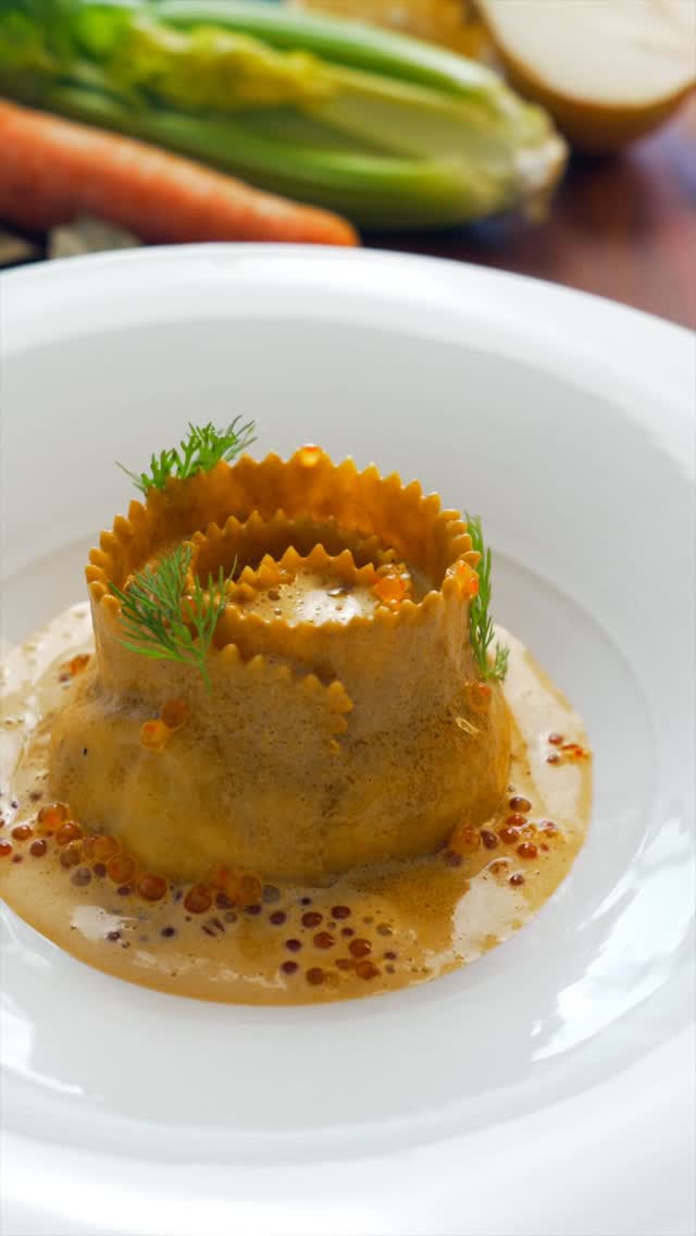 Raviolo Spirale with Cod, Prawn Bisque & Trout Roe recipe
