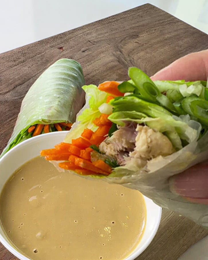 Sardine & Fresh Veggie Rice Paper Wraps with Creamy Peanut Dressing recipe