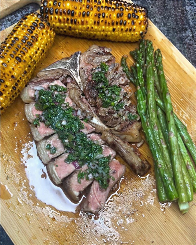 T-bone Steak with Chimichurri, BBQ Corn and Asparagus recipe