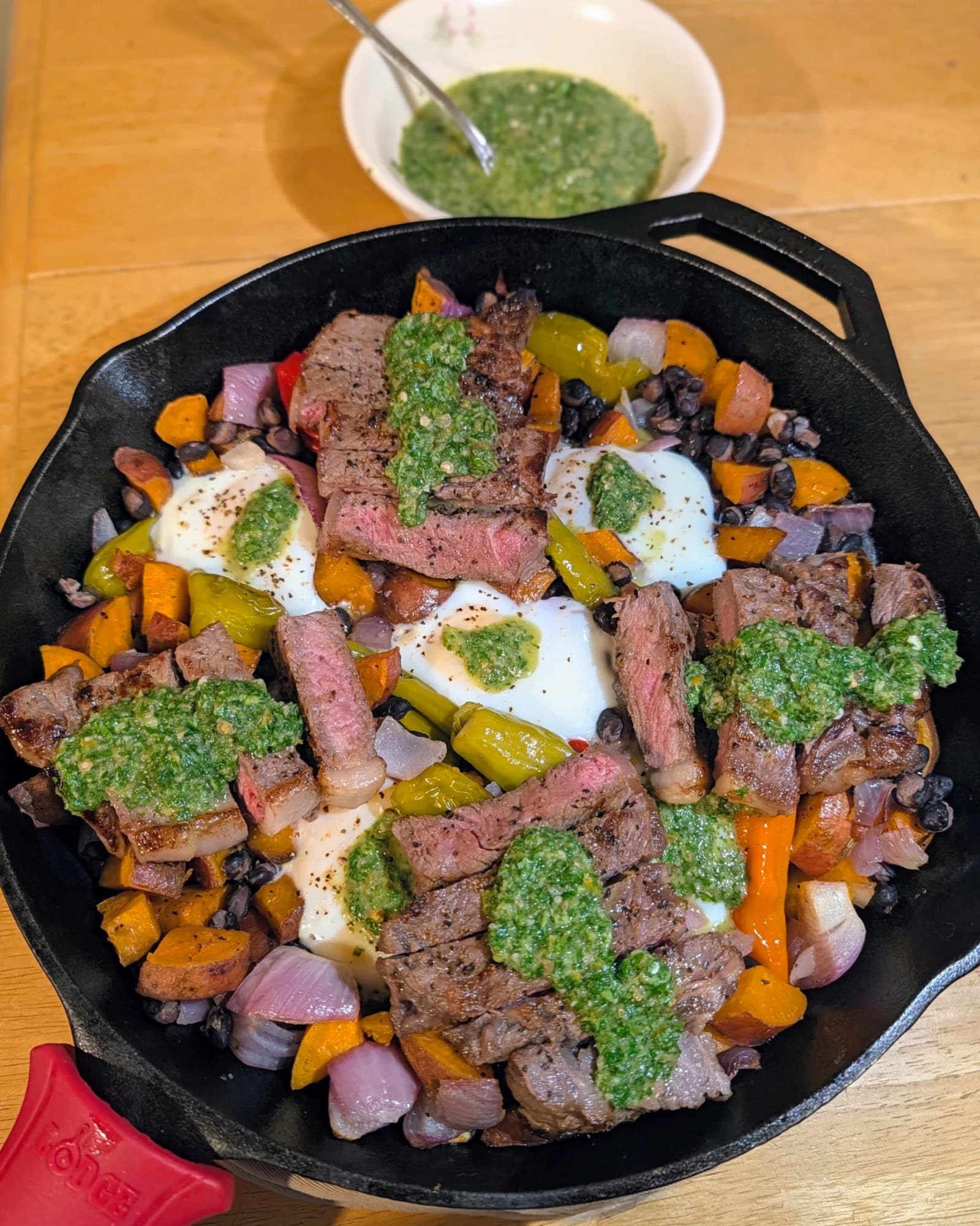 Sweet Potato and Shishito Pepper Hash with Chimichurri and Steak recipe