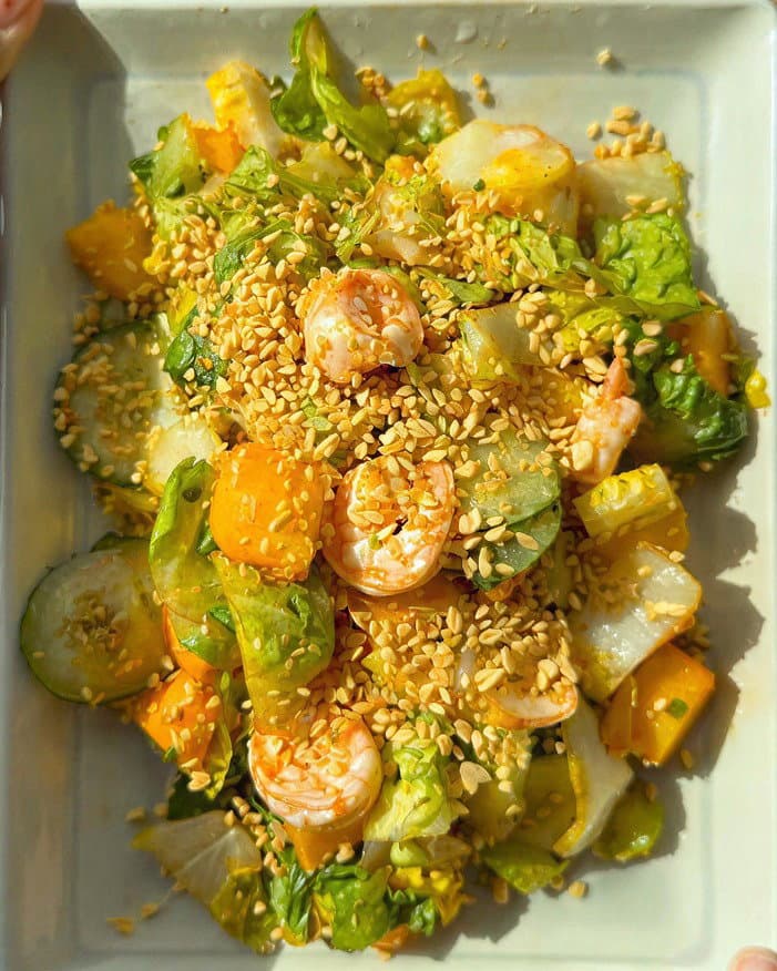 Spicy and Tangy Prawn and Mango Salad with Crispy Garlic recipe