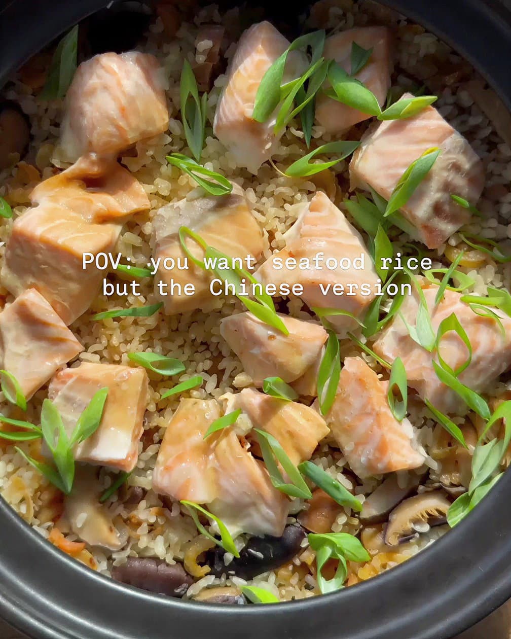 Salmon Rice with Dried Scallops, Shrimp and Shiitake Mushrooms recipe