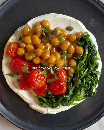 Savory Yogurt Bowl with Roasted Tomatoes, Caramelized Chickpeas and Spinach recipe