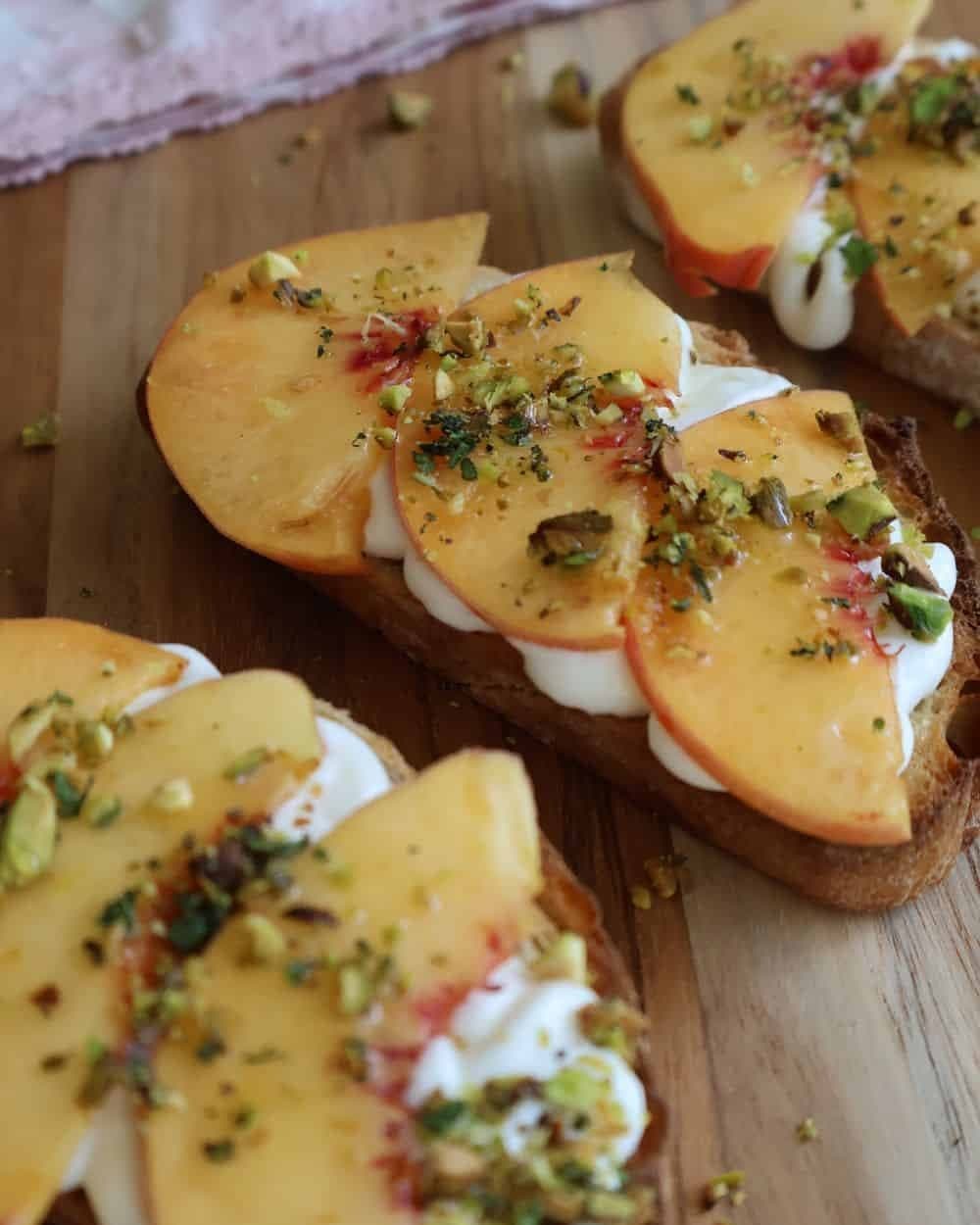 Peach Bruschetta with Whipped Ricotta & Pistachios recipe