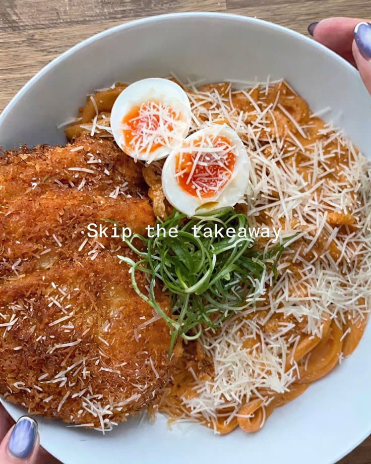 Creamy Gochujang Udon with Fried Chicken Escalope and Parmesan recipe