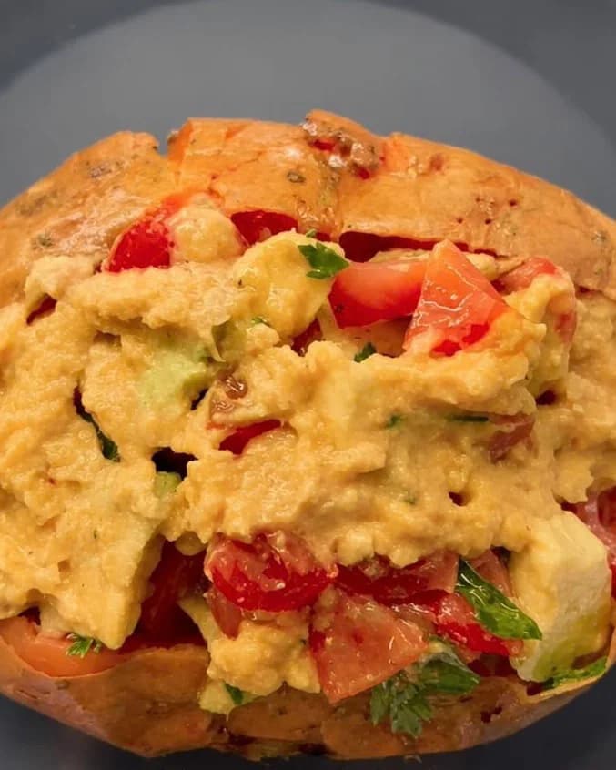 Superfood Stuffed Sweet Potatoes with Crispy Chickpeas and Hummus recipe