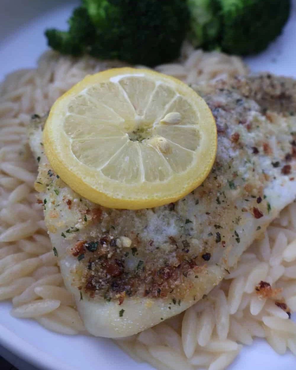 Parmesan Crusted Fish with Lemony Orzo recipe