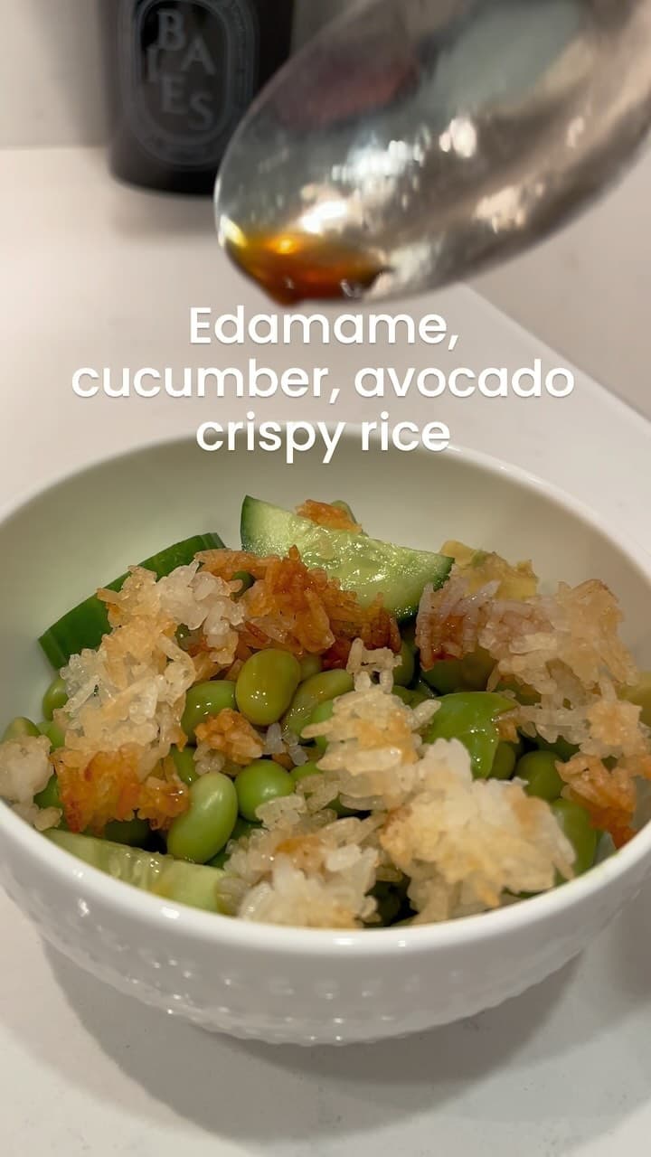 Edamame Avocado Cucumber Salad with Crispy Rice recipe