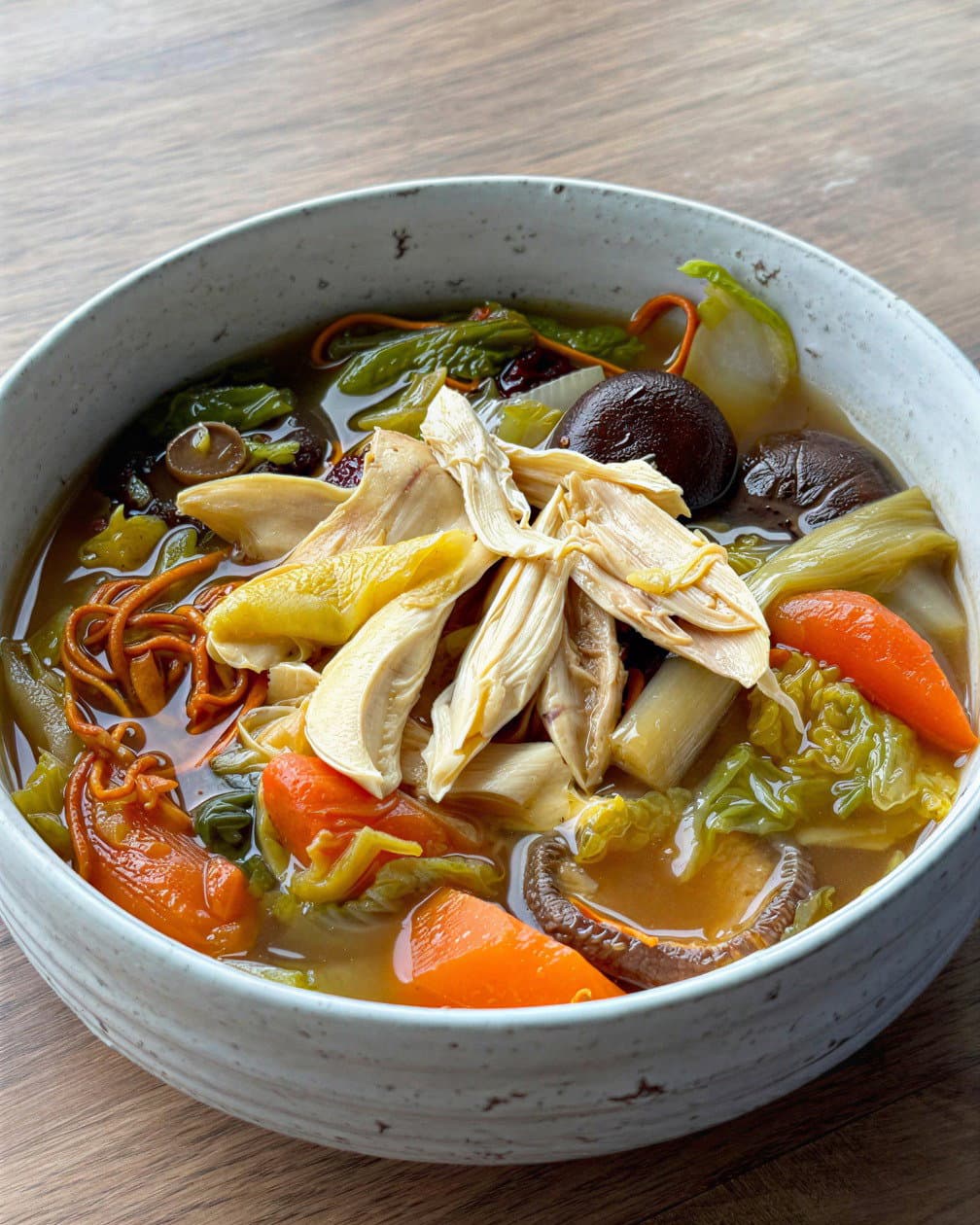 Poached Chicken with Shiitake Mushrooms, Cordyceps and Jujube Broth recipe
