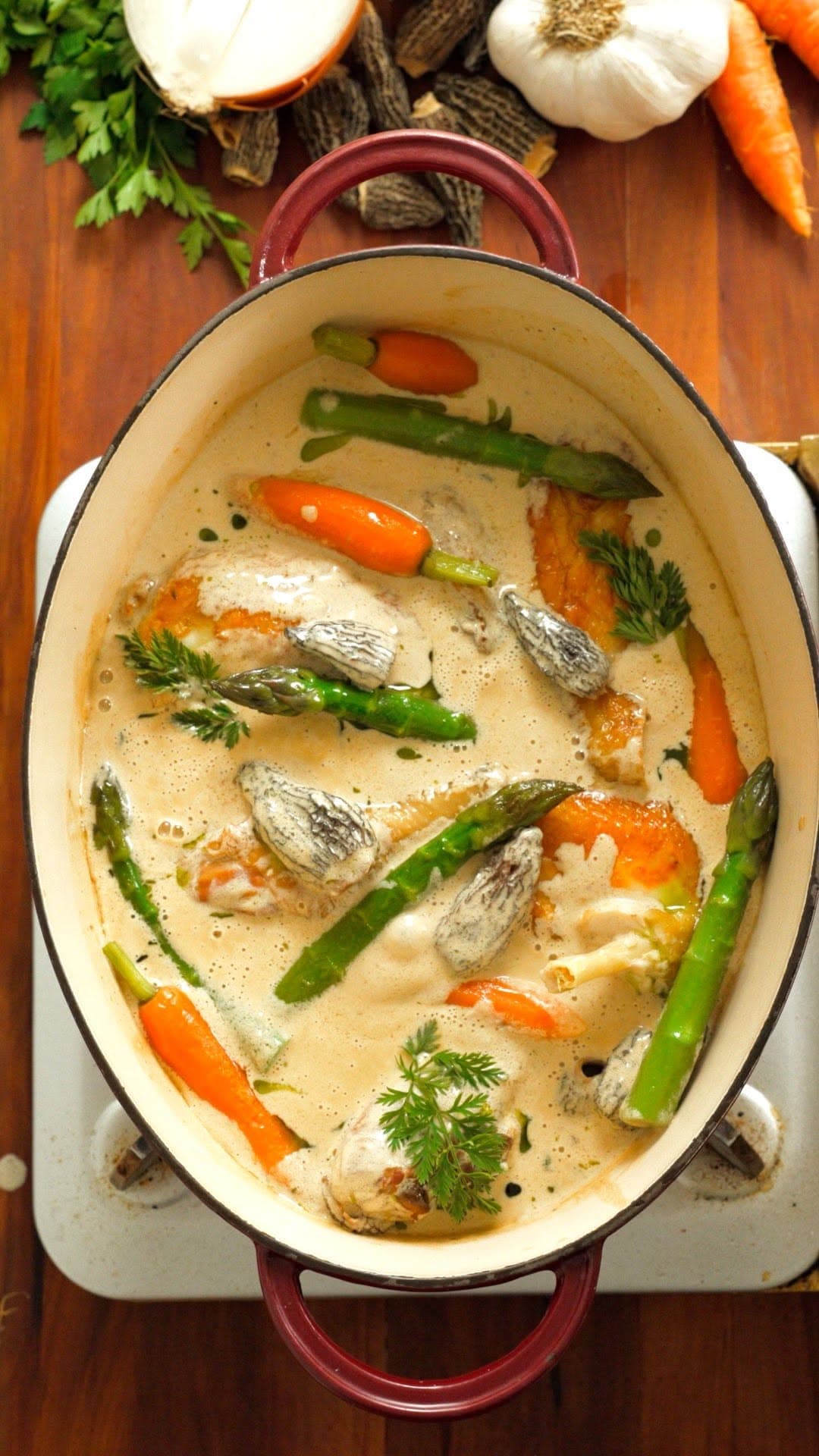 Bresse Chicken à la Crème & Morels with Spring Vegetables recipe