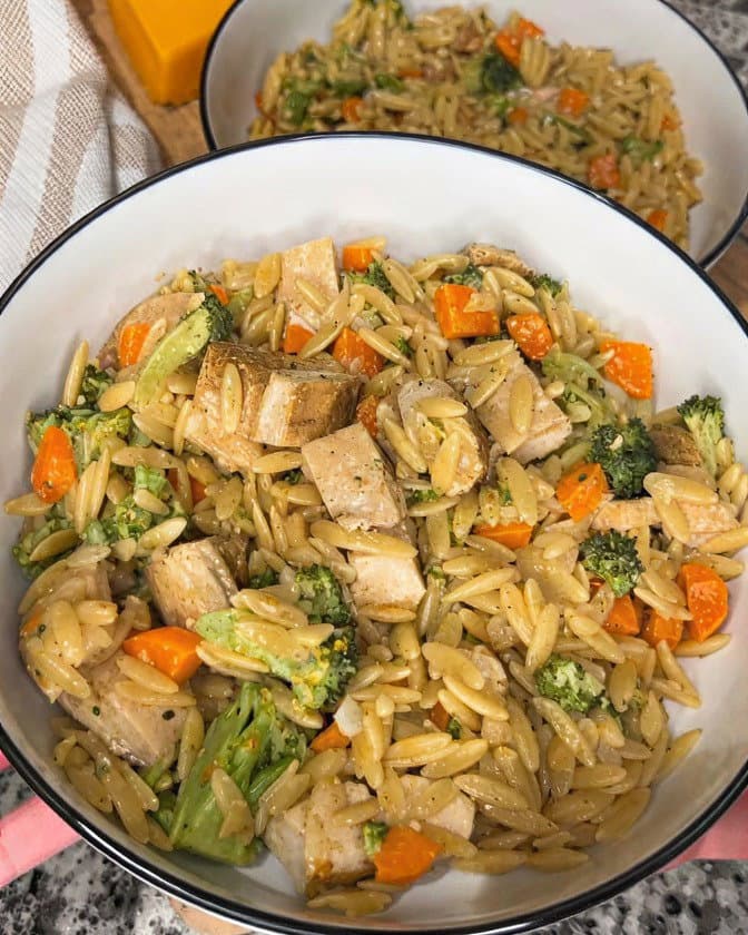 One-Pan Broccoli Cheddar Orzo with Chicken recipe