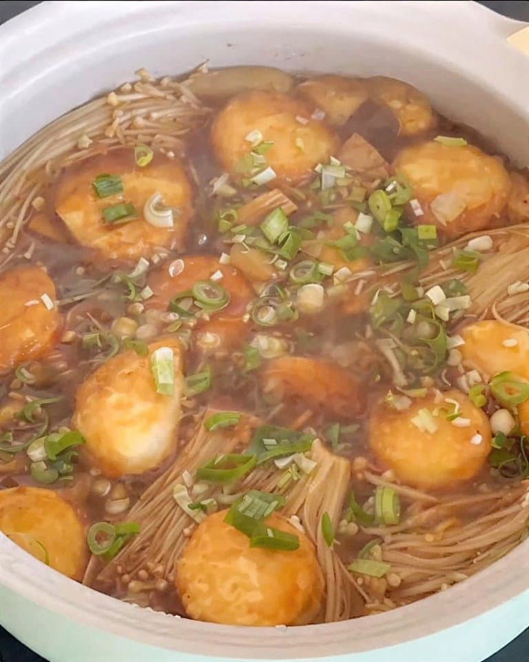Enoki Mushroom, Egg Tofu and Aubergine Pot recipe