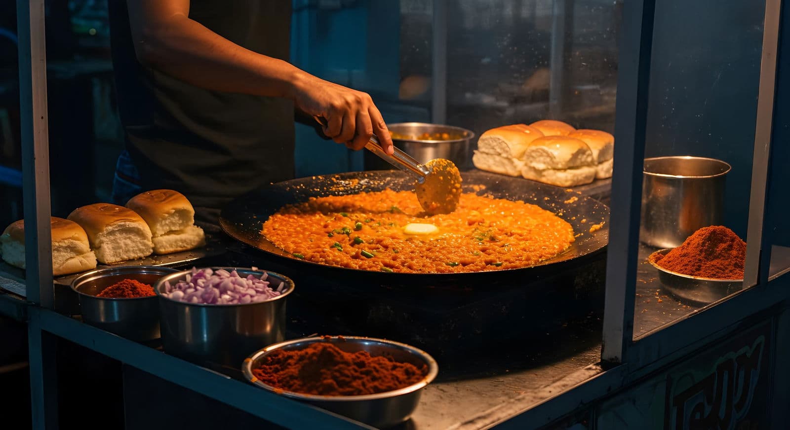 Cooking pav bhaji at a street food stall