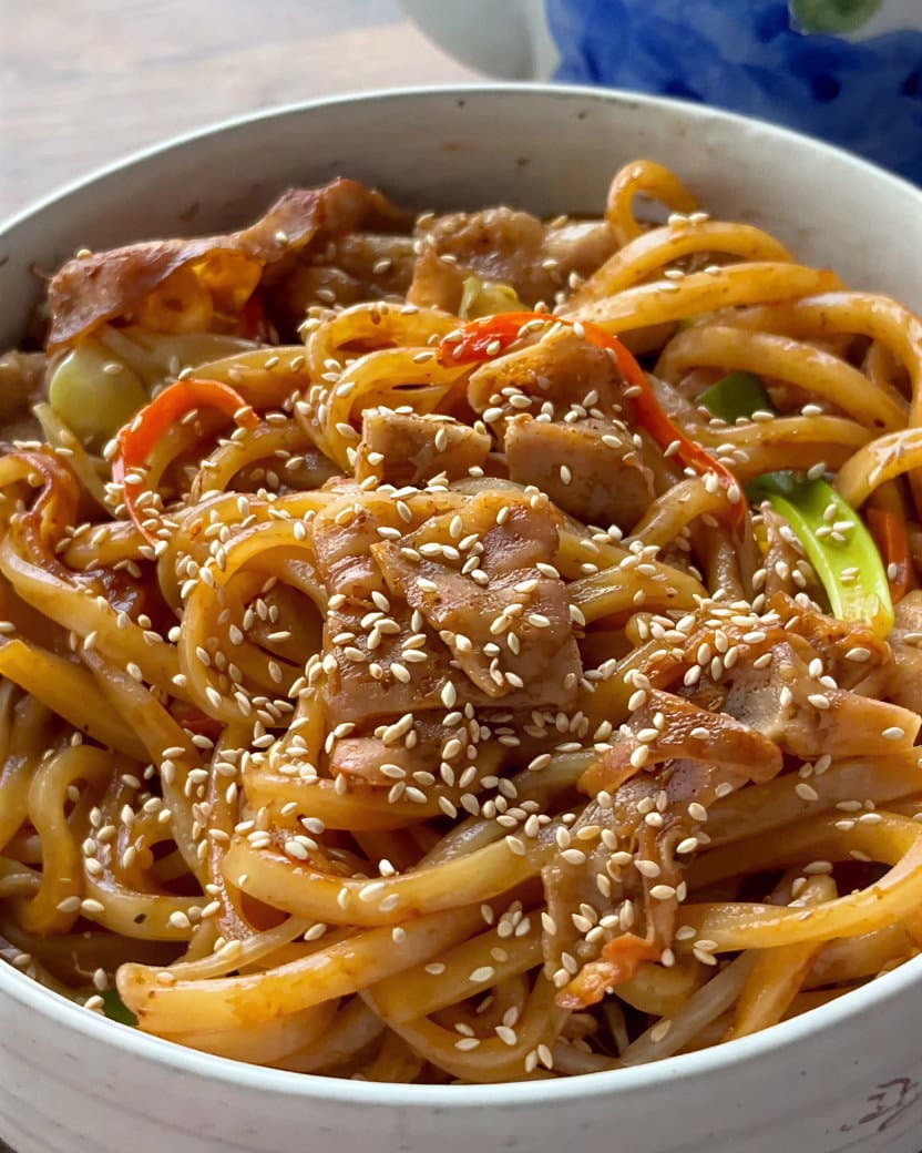Pork Shabu Shabu Fried Udon with Tofu Miso Soup and Mozzarella Tamagoyaki recipe