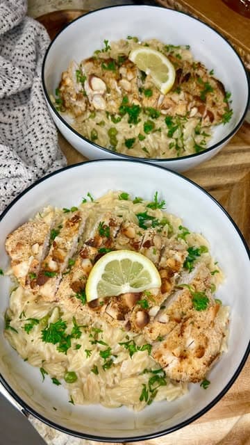 Baked Almond Crusted Chicken with Creamy Lemon Dijon Orzo recipe