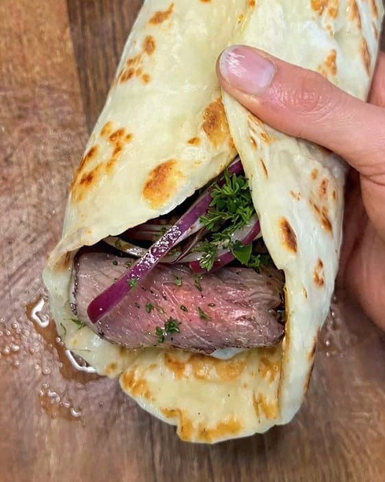 Mediterranean Steak Flat Bread with Sumac Onion Salad & Garlic Yoghurt Sauce recipe